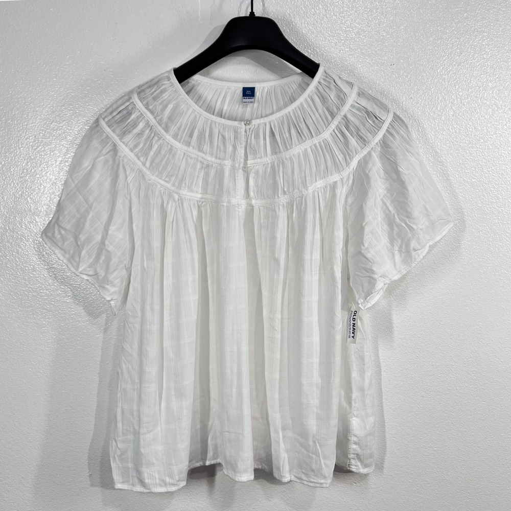 Old Navy Peasant Blouse Womens XXL Tall White Textured Plaid Smocked Boho Airy